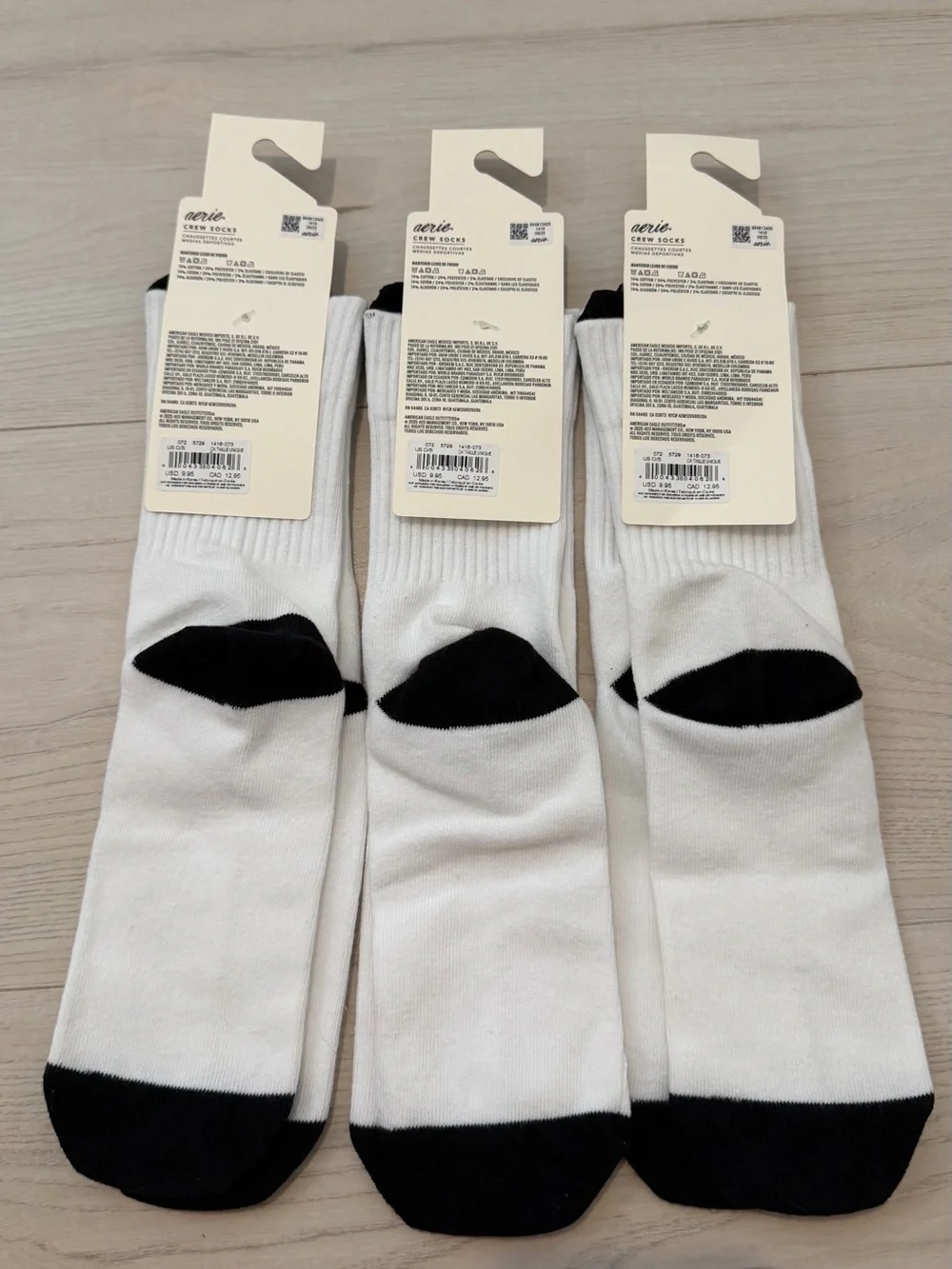 aerie 3 Pack White Ribbed Crew Socks with Black Heart Cuff